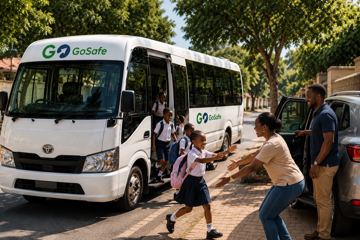 Parent receiving child from school transport